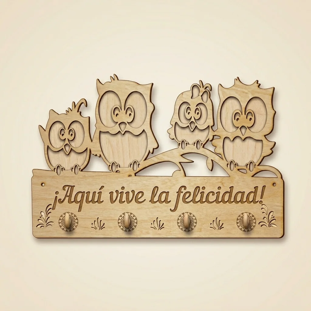 Portallaves de búhos "Aquí vive la felicidad"