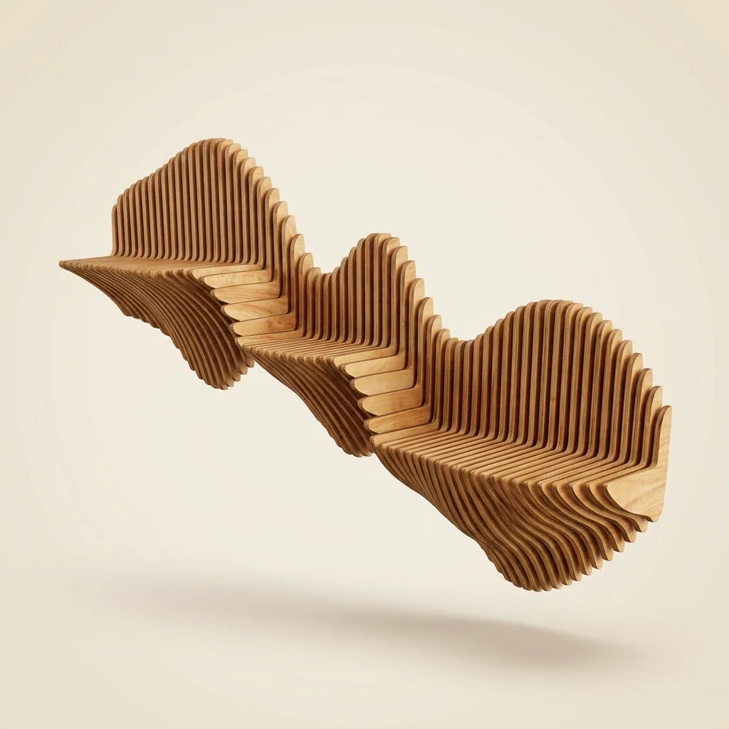 Escultura paramétrica de mesa con forma de ola en madera